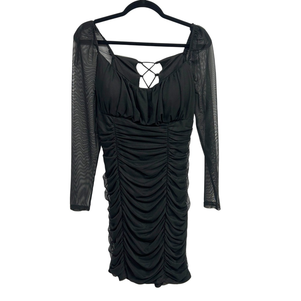 Goth Mesh Ruched Mini Dress 14W Black Whimsigoth Dark Romantic Lace Up Bodycon
